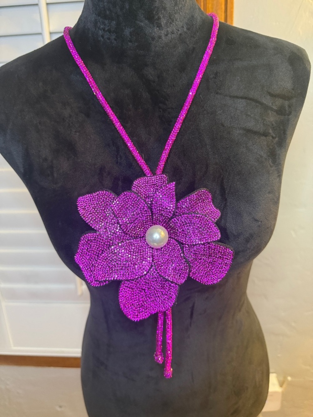 Unbranded Purple Crystal Flower Pendant Necklace with Pearl Accent